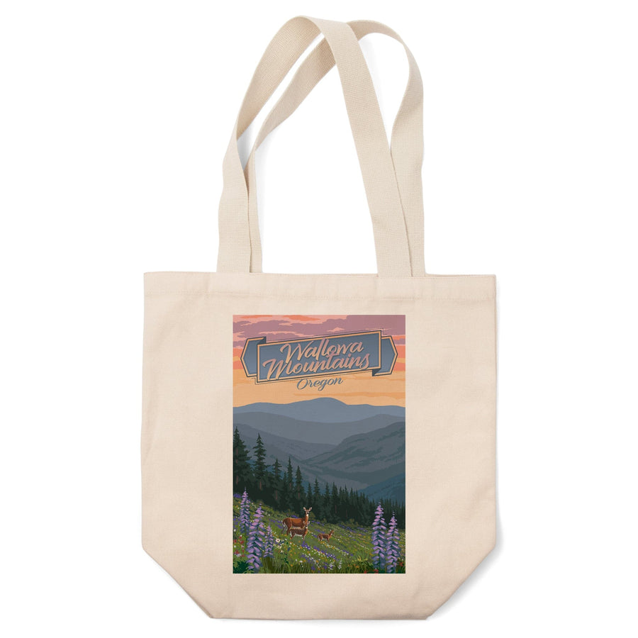 Wallowa Mountains, Oregon, Deer & Spring Flowers, Lantern Press Artwork, Tote Bag Totes Lantern Press 