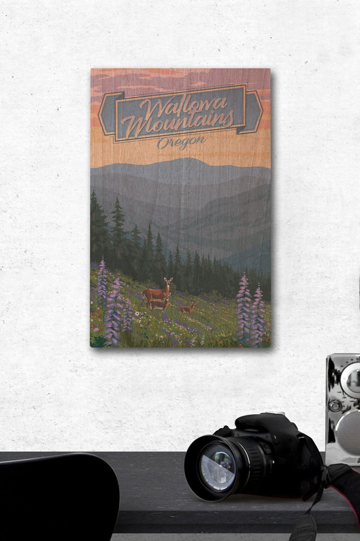 Wallowa Mountains, Oregon, Deer & Spring Flowers, Lantern Press Artwork, Wood Signs and Postcards Wood Lantern Press 12 x 18 Wood Gallery Print 