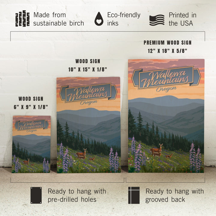 Wallowa Mountains, Oregon, Deer & Spring Flowers, Lantern Press Artwork, Wood Signs and Postcards Wood Lantern Press 