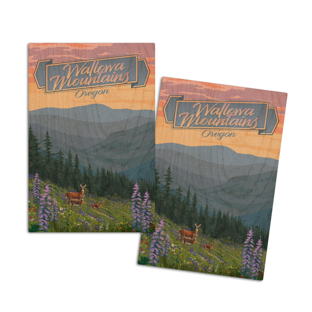 Wallowa Mountains, Oregon, Deer & Spring Flowers, Lantern Press Artwork, Wood Signs and Postcards Wood Lantern Press 4x6 Wood Postcard Set 