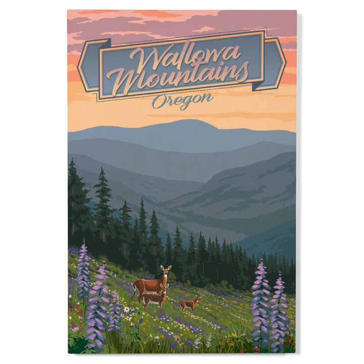 Wallowa Mountains, Oregon, Deer & Spring Flowers, Lantern Press Artwork, Wood Signs and Postcards Wood Lantern Press 