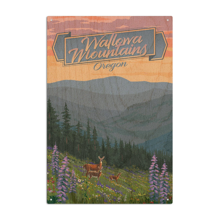 Wallowa Mountains, Oregon, Deer & Spring Flowers, Lantern Press Artwork, Wood Signs and Postcards Wood Lantern Press 6x9 Wood Sign 