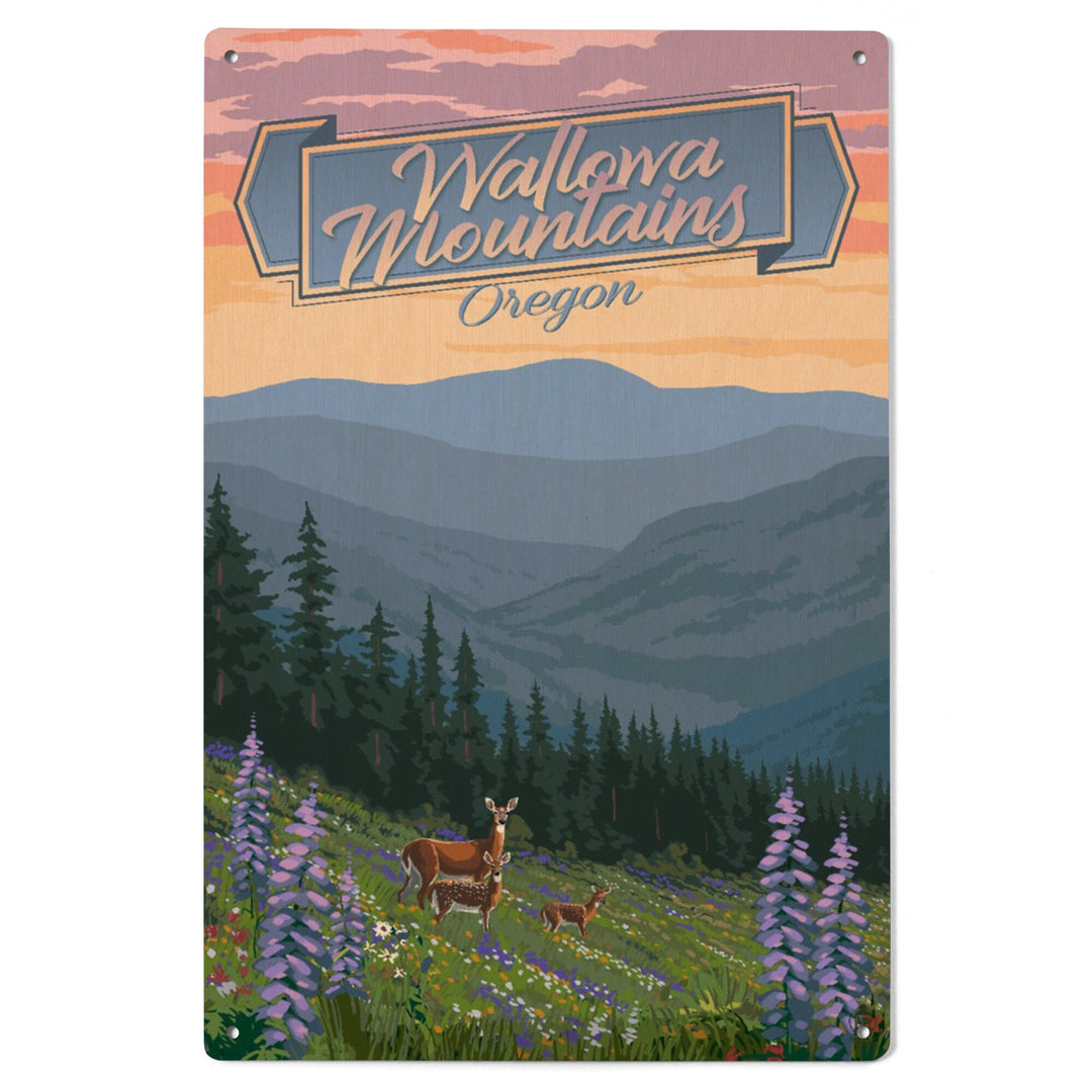 Wallowa Mountains, Oregon, Deer & Spring Flowers, Lantern Press Artwork, Wood Signs and Postcards Wood Lantern Press 