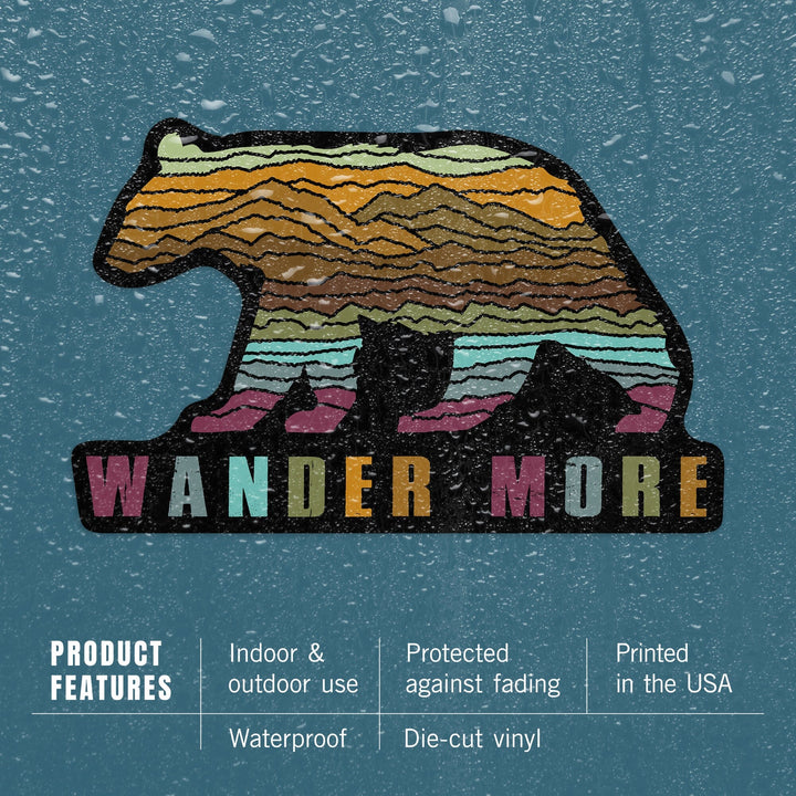 Wander More, Black Bear, Abstract Mountain Scene, Lantern Press Artwork, Vinyl Sticker Sticker Lantern Press 