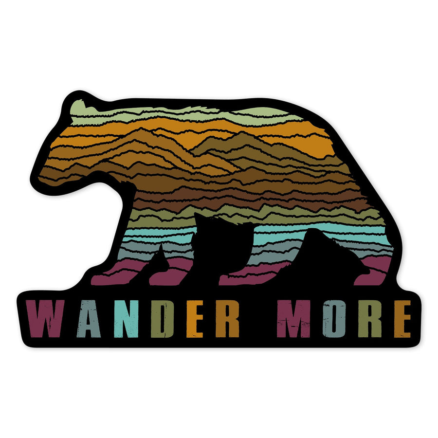 Wander More, Black Bear, Abstract Mountain Scene, Lantern Press Artwork, Vinyl Sticker Sticker Lantern Press 