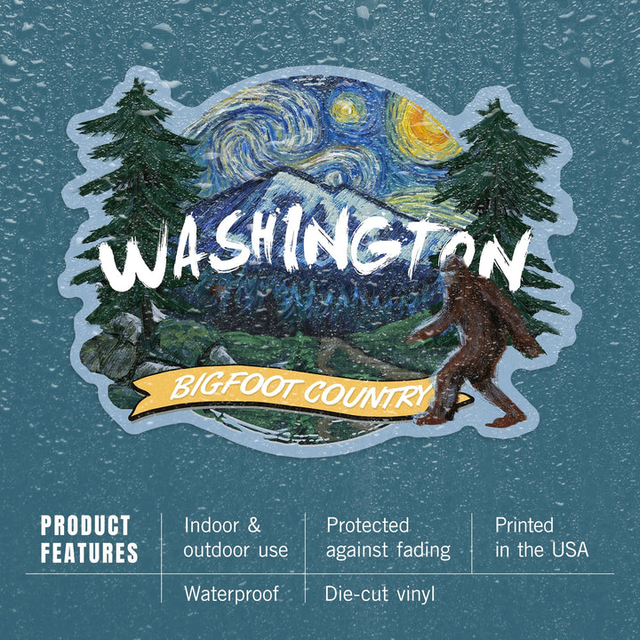 Washington, Bigfoot Country, Starry Night, Contour, Vinyl Sticker Sticker Lantern Press 