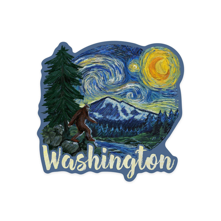 Washington, Bigfoot, Starry Night, Contour, Lantern Press Artwork, Vinyl Sticker Sticker Lantern Press 