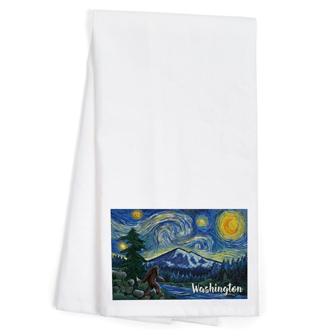 Washington, Bigfoot, Starry Night, Organic Cotton Kitchen Tea Towels Kitchen Lantern Press 