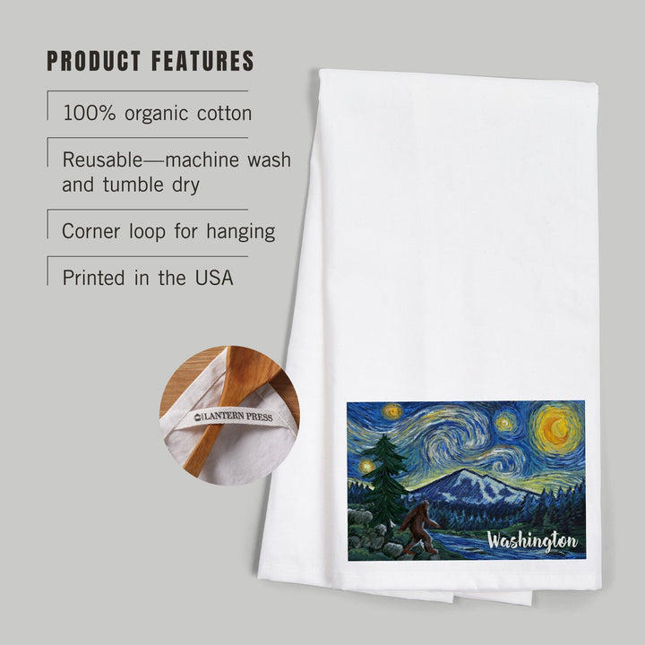 Washington, Bigfoot, Starry Night, Organic Cotton Kitchen Tea Towels Kitchen Lantern Press 