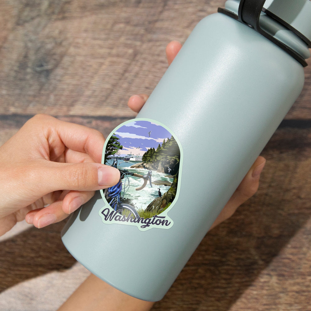 Washington, Bike Ride and Ferry, Contour, Vinyl Sticker Sticker Lantern Press 