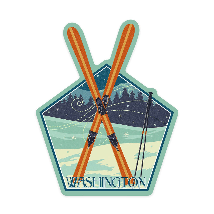 Washington, Crossed Skis, Letterpress, Contour, Lantern Press Artwork, Vinyl Sticker Sticker Lantern Press 