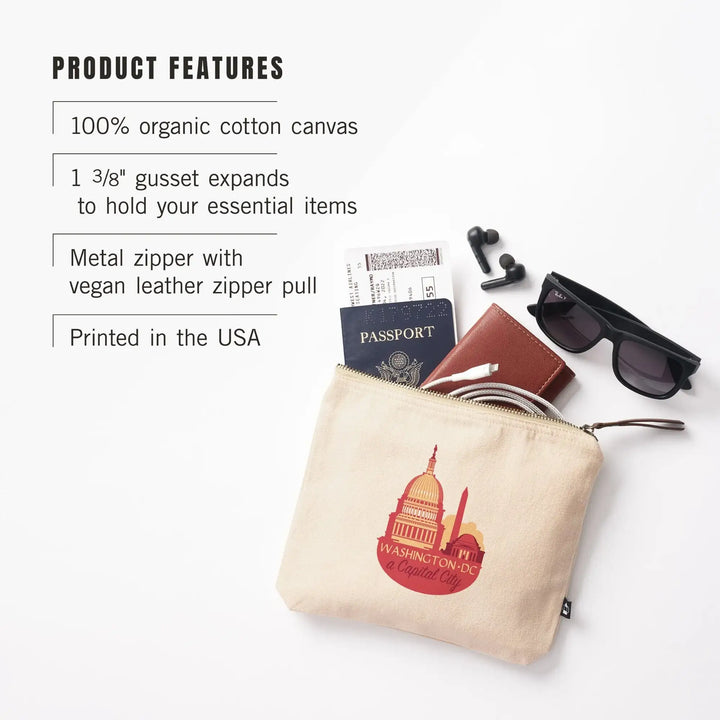 Washington DC, A Capital City,, Organic Cotton Zipper Pouch, Go Bag Go Bag Lantern Press 