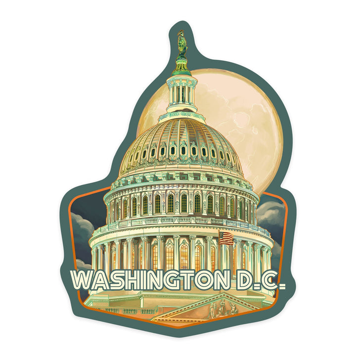 Washington, DC, Capitol Building and Moon, Contour, Vinyl Sticker Sticker Lantern Press 