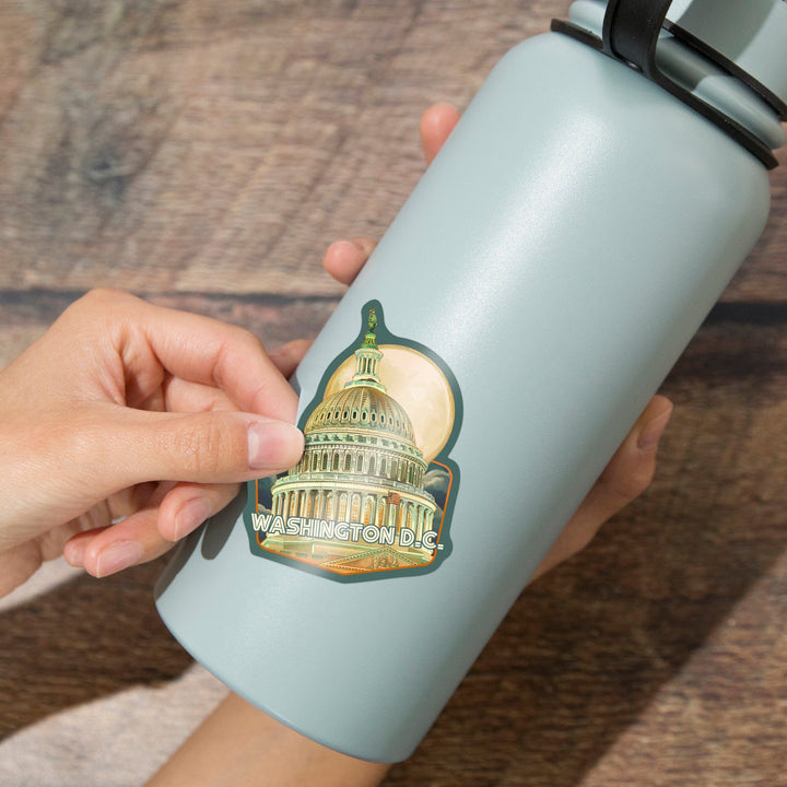 Washington, DC, Capitol Building and Moon, Contour, Vinyl Sticker Sticker Lantern Press 