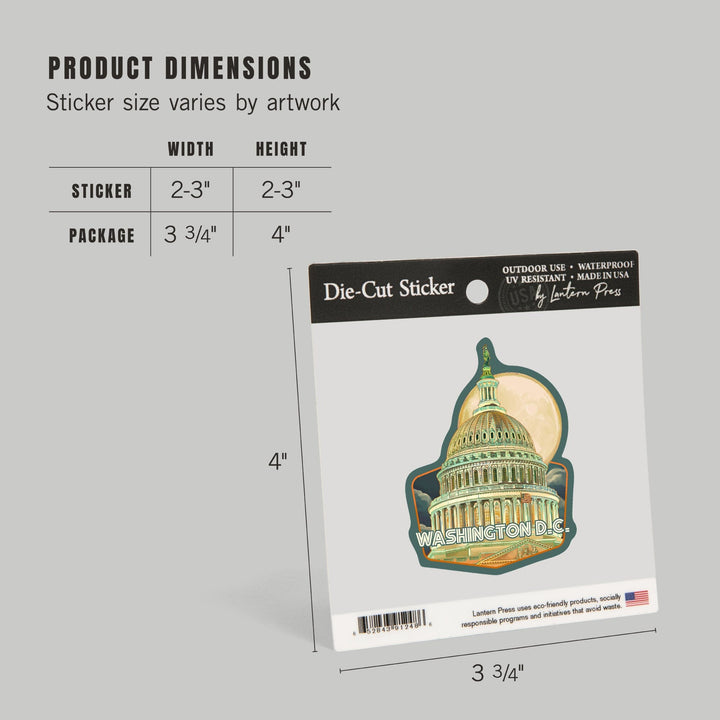 Washington, DC, Capitol Building and Moon, Contour, Vinyl Sticker Sticker Lantern Press 