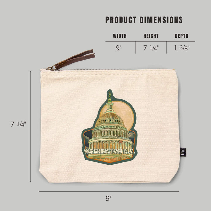 Washington, DC, Capitol Building and Moon,, Organic Cotton Zipper Pouch, Go Bag Go Bag Lantern Press 