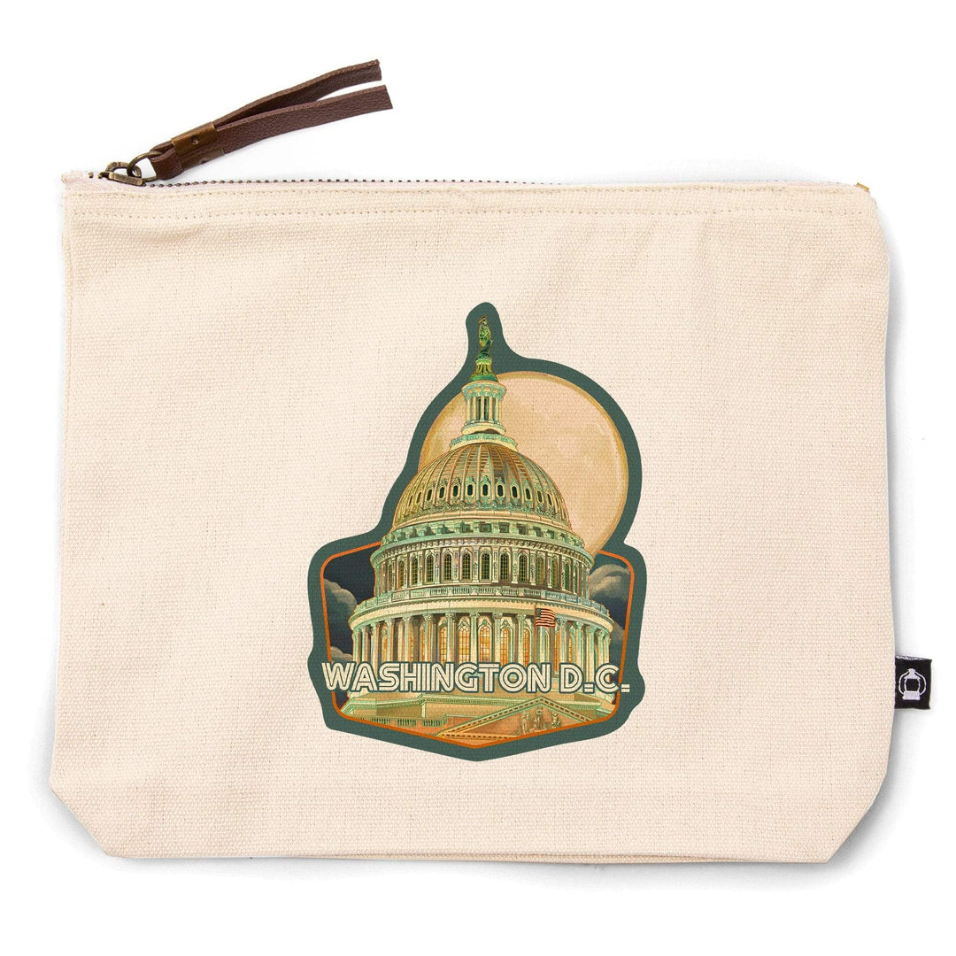 Washington, DC, Capitol Building and Moon,, Organic Cotton Zipper Pouch, Go Bag Go Bag Lantern Press 