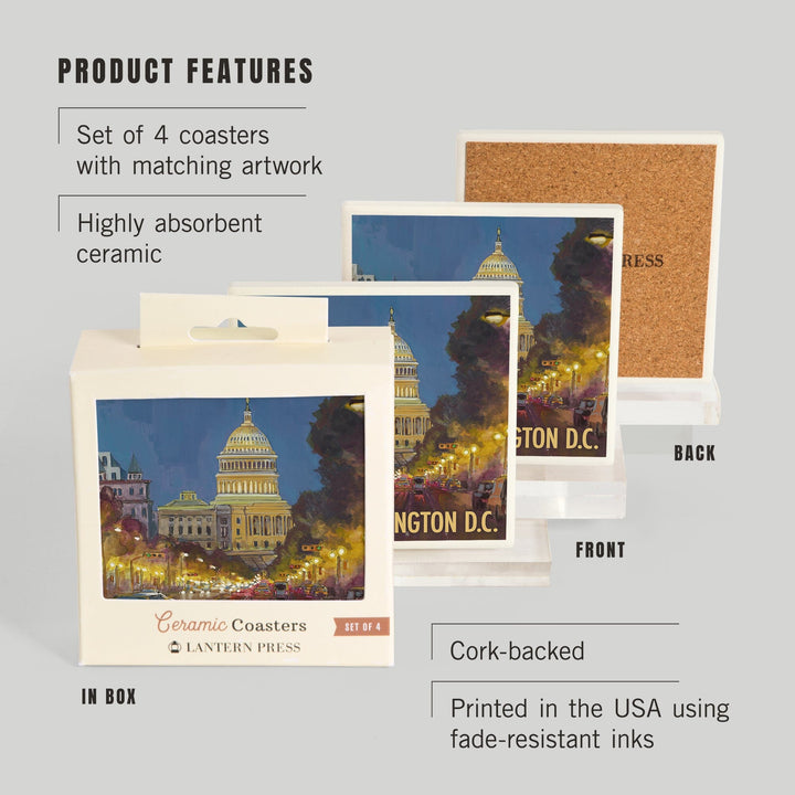 Washington DC, Capitol Building, Lantern Press Artwork, Coaster Set Coasters Lantern Press 