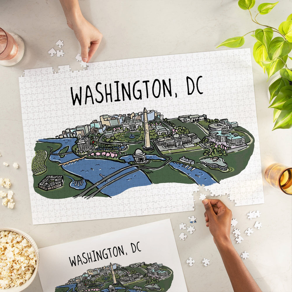 Washington, DC, Cityscape, Line Drawing, Jigsaw Puzzle Puzzle Lantern Press 
