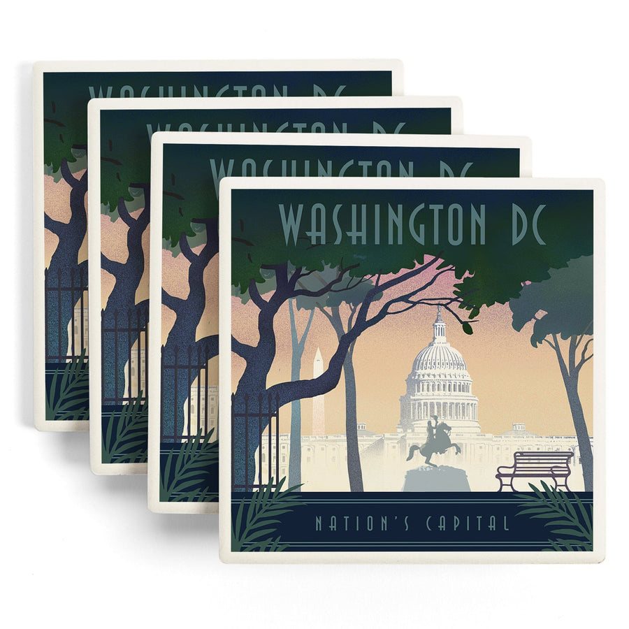 Washington, DC, Nation's Capitol, Lithograph, Lantern Press Artwork, Coaster Set Coasters Lantern Press 