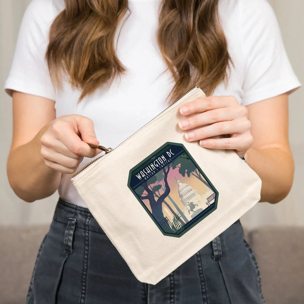 Washington, DC, Nation's Capitol, Lithograph,, Organic Cotton Zipper Pouch, Go Bag Go Bag Lantern Press 