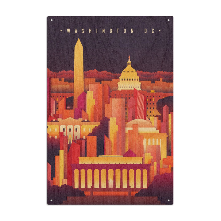 Washington DC, Neon Skyline, Lantern Press Artwork, Wood Signs and Postcards Wood Lantern Press 10 x 15 Wood Sign 