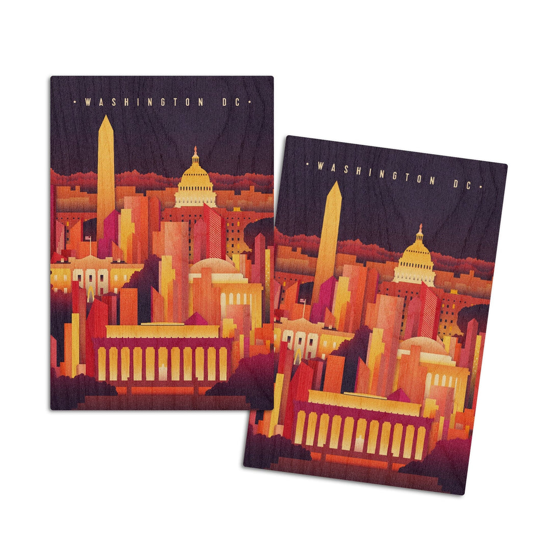 Washington DC, Neon Skyline, Lantern Press Artwork, Wood Signs and Postcards Wood Lantern Press 4x6 Wood Postcard Set 