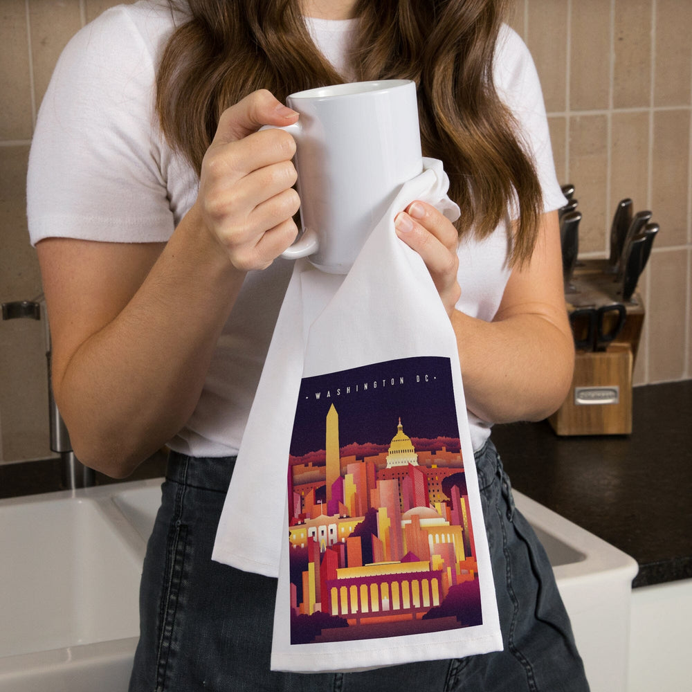 Washington DC, Neon Skyline, Organic Cotton Kitchen Tea Towels Kitchen Lantern Press 