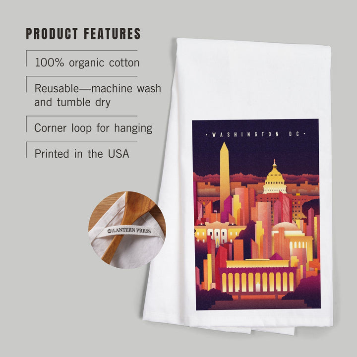 Washington DC, Neon Skyline, Organic Cotton Kitchen Tea Towels Kitchen Lantern Press 