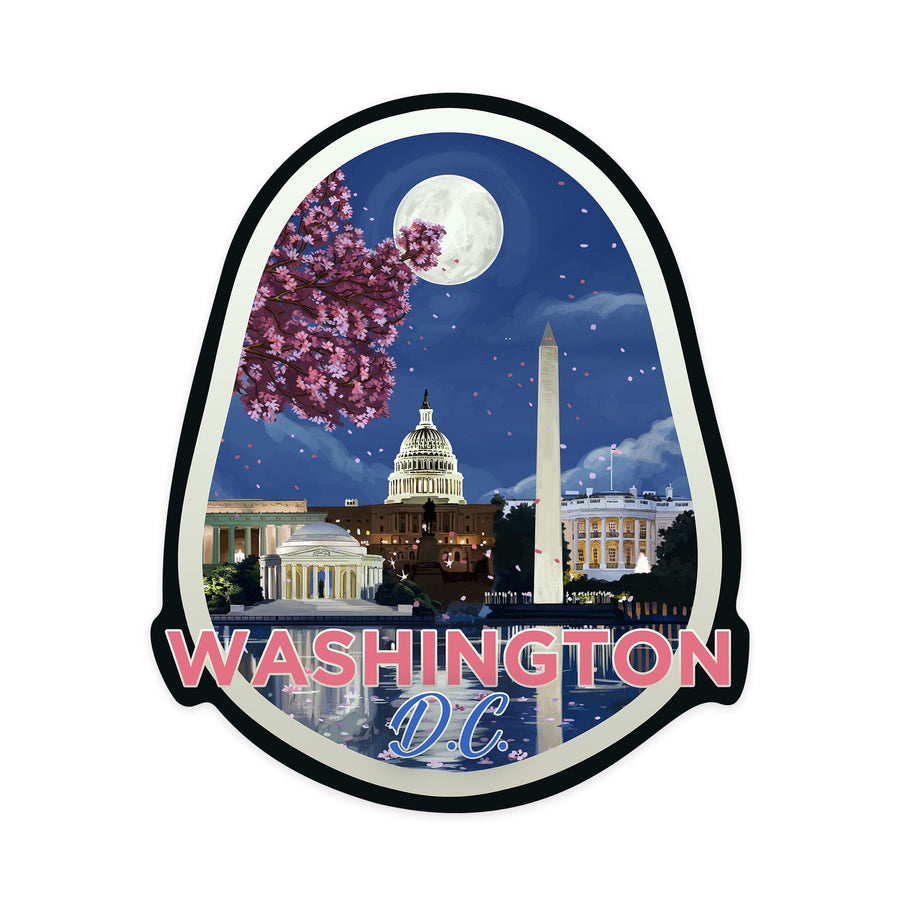 Washington DC, Night Scene, Contour, Lantern Press Artwork, Vinyl Sticker Sticker Lantern Press 