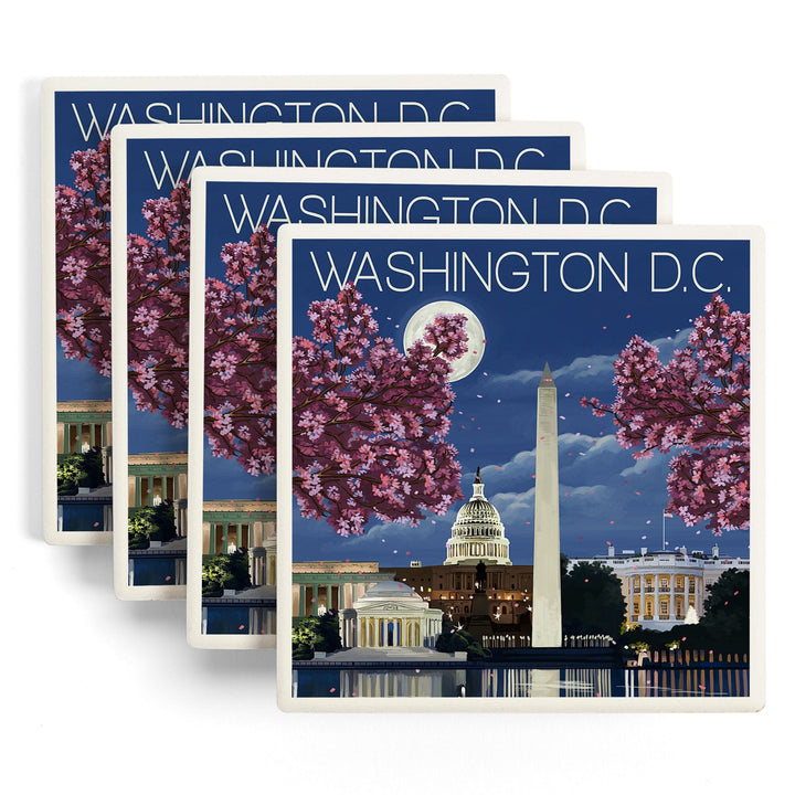 Washington, DC, Night Scene, Lantern Press Artwork, Coaster Set Coasters Lantern Press 