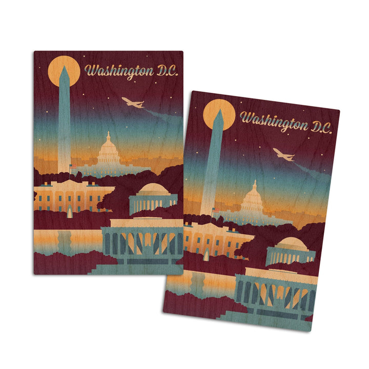 Washington DC, Retro Skyline Chromatic Series, Lantern Press Artwork, Wood Signs and Postcards Wood Lantern Press 4x6 Wood Postcard Set 