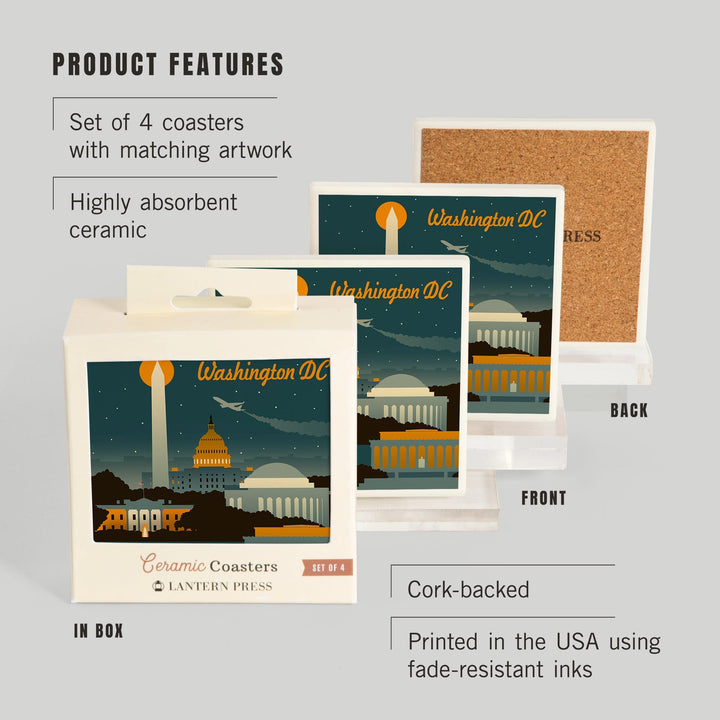 Washington, DC, Retro Skyline, Lantern Press Artwork, Coaster Set Coasters Lantern Press 