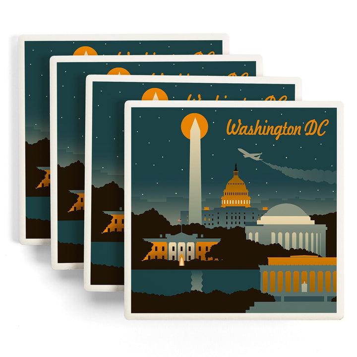 Washington, DC, Retro Skyline, Lantern Press Artwork, Coaster Set Coasters Lantern Press 