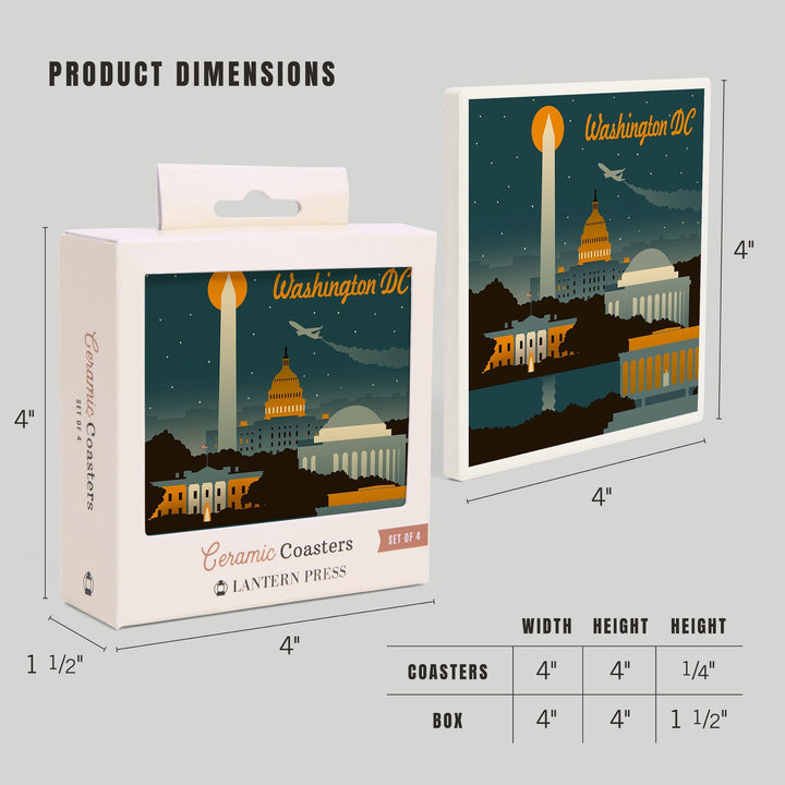 Washington, DC, Retro Skyline, Lantern Press Artwork, Coaster Set Coasters Lantern Press 