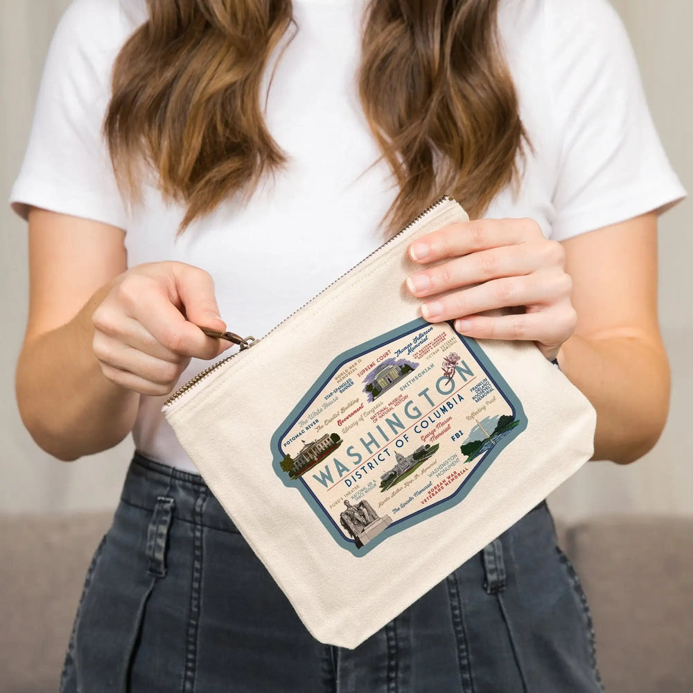 Washington, DC, Typography and Icons,, Organic Cotton Zipper Pouch, Go Bag Go Bag Lantern Press 