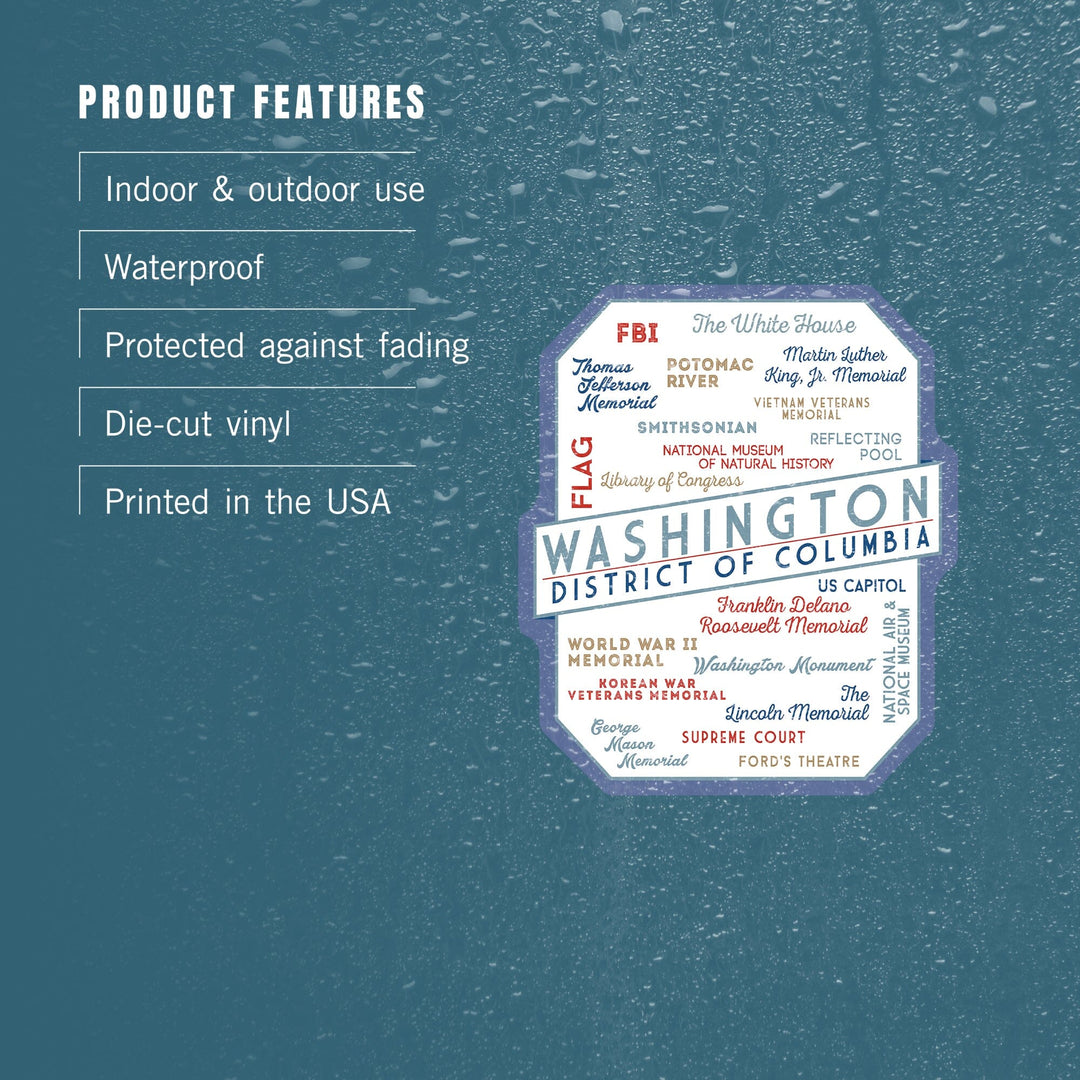 Washington, DC, Typography, Contour, Vinyl Sticker Sticker Lantern Press 