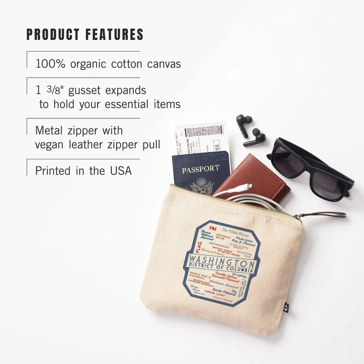 Washington, DC, Typography,, Organic Cotton Zipper Pouch, Go Bag Go Bag Lantern Press 