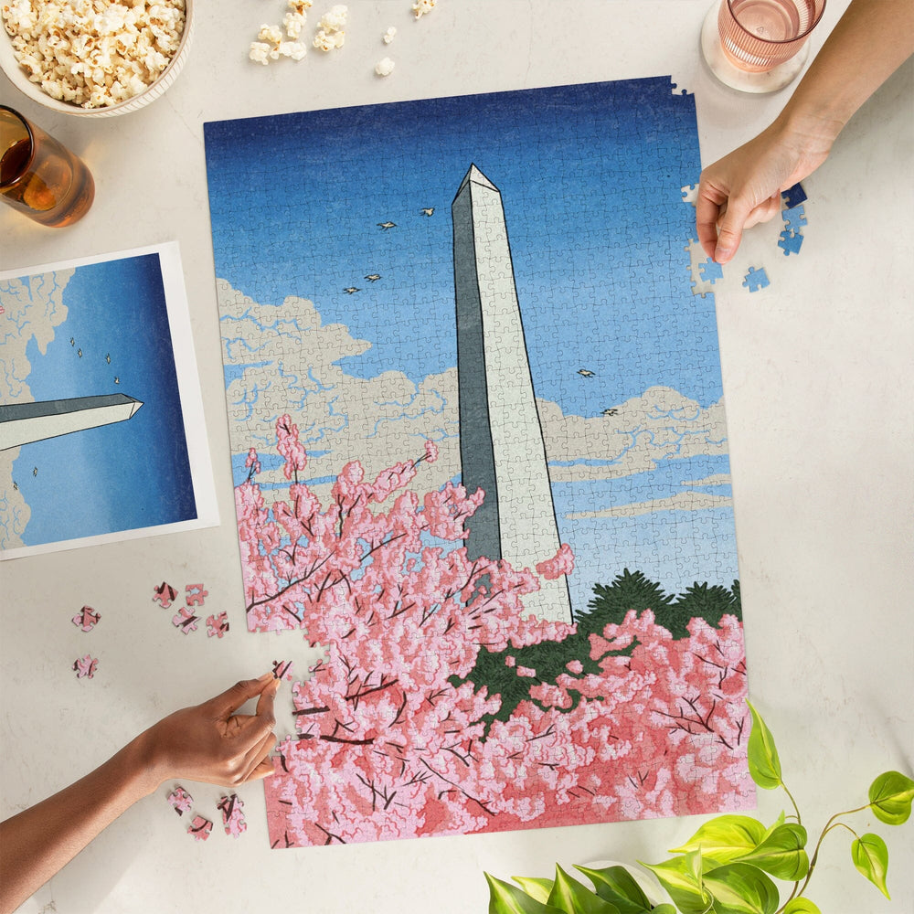 Washington, DC, Washington Monument, Cherry Blossoms, Jigsaw Puzzle Puzzle Lantern Press 