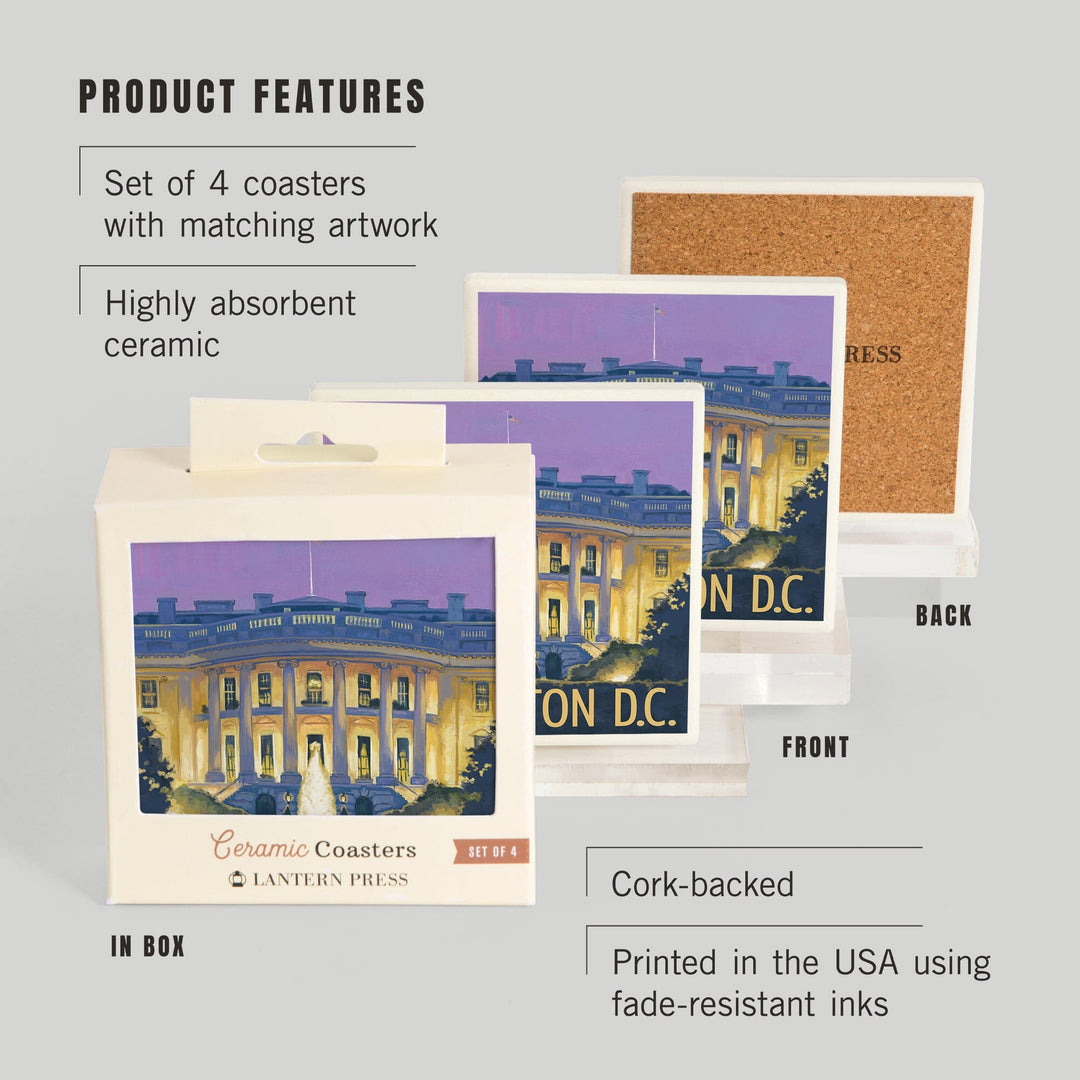 Washington DC, White House, Lantern Press Artwork, Coaster Set Coasters Lantern Press 