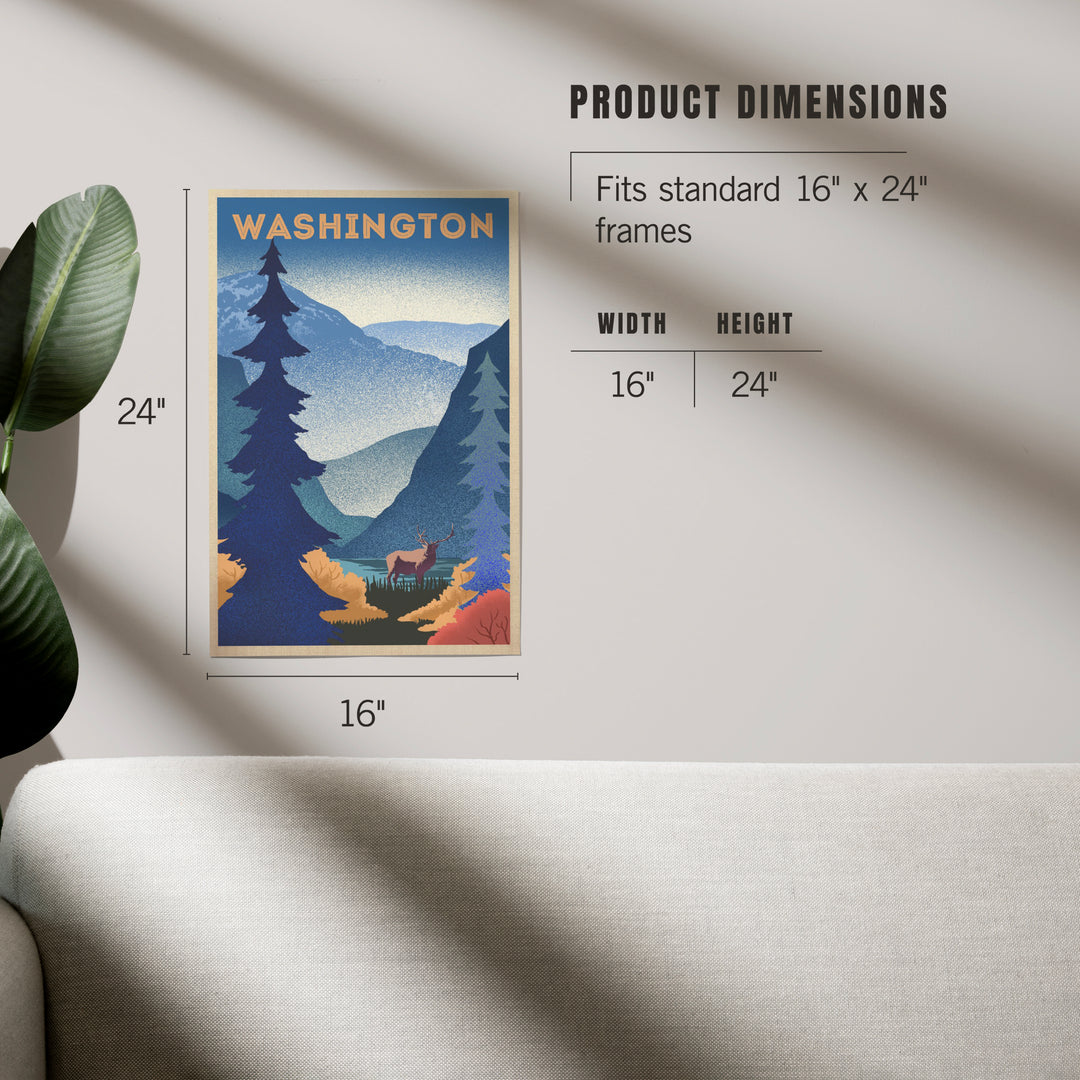 Washington, Elk and Mountain Scene, Lithograph, Art & Giclee Prints Art Lantern Press 