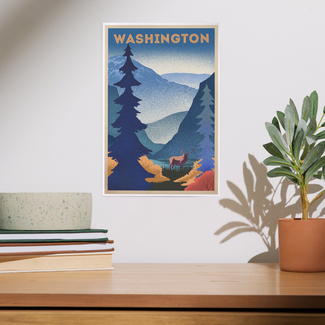 Washington, Elk and Mountain Scene, Lithograph, Art & Giclee Prints Art Lantern Press 