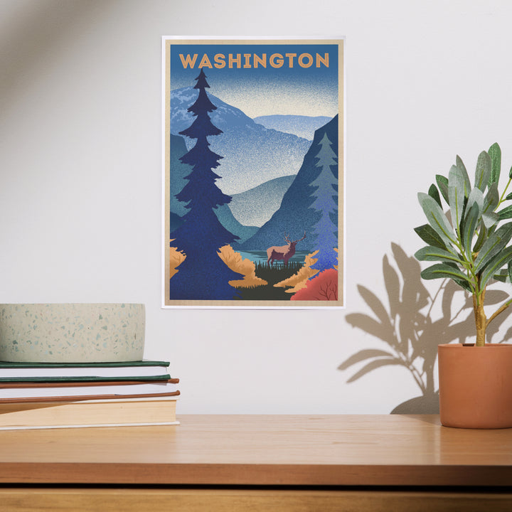 Washington, Elk and Mountain Scene, Lithograph, Art & Giclee Prints Art Lantern Press 