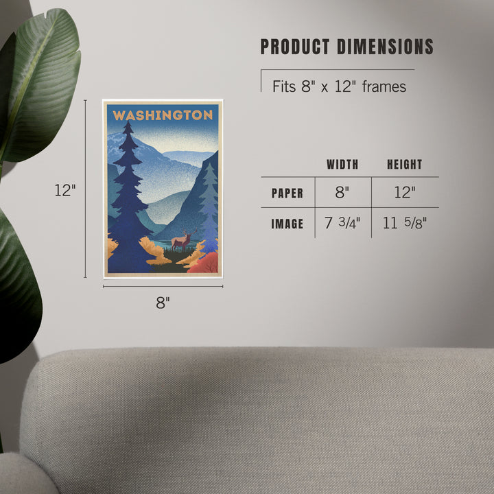 Washington, Elk and Mountain Scene, Lithograph, Art & Giclee Prints Art Lantern Press 