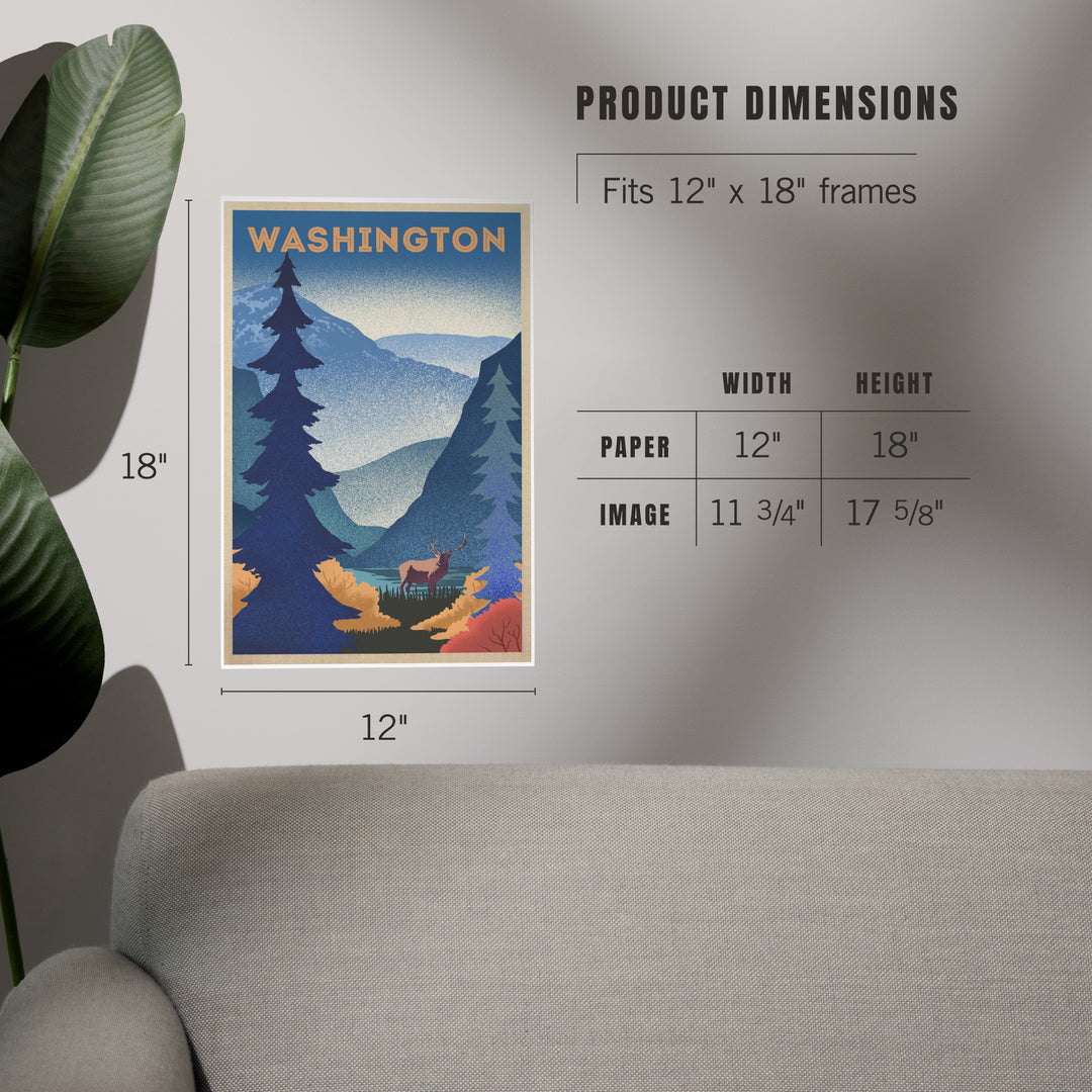 Washington, Elk and Mountain Scene, Lithograph, Art & Giclee Prints Art Lantern Press 