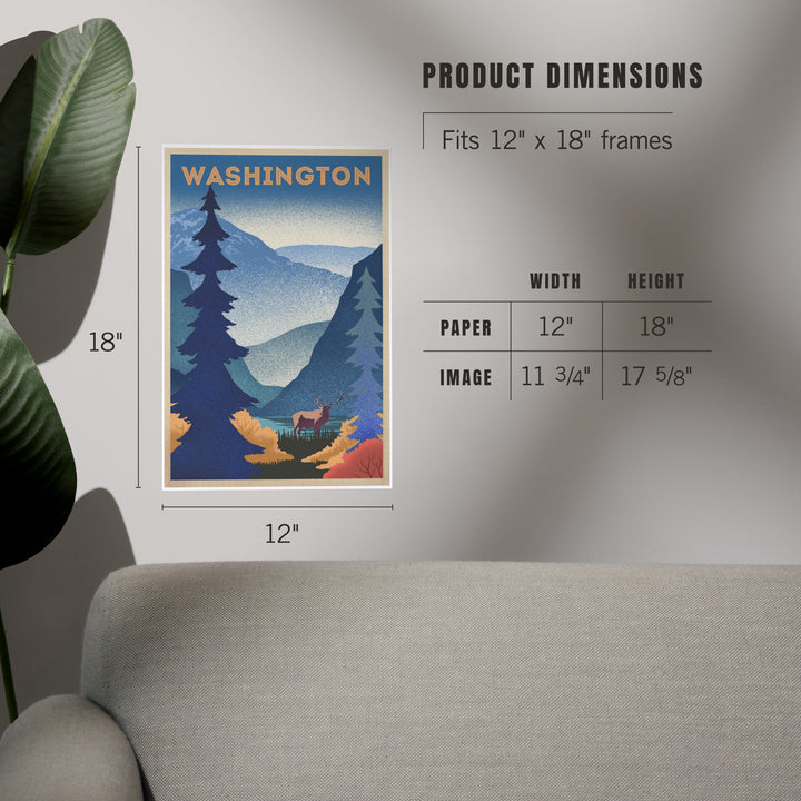 Washington, Elk and Mountain Scene, Lithograph, Art & Giclee Prints Art Lantern Press 