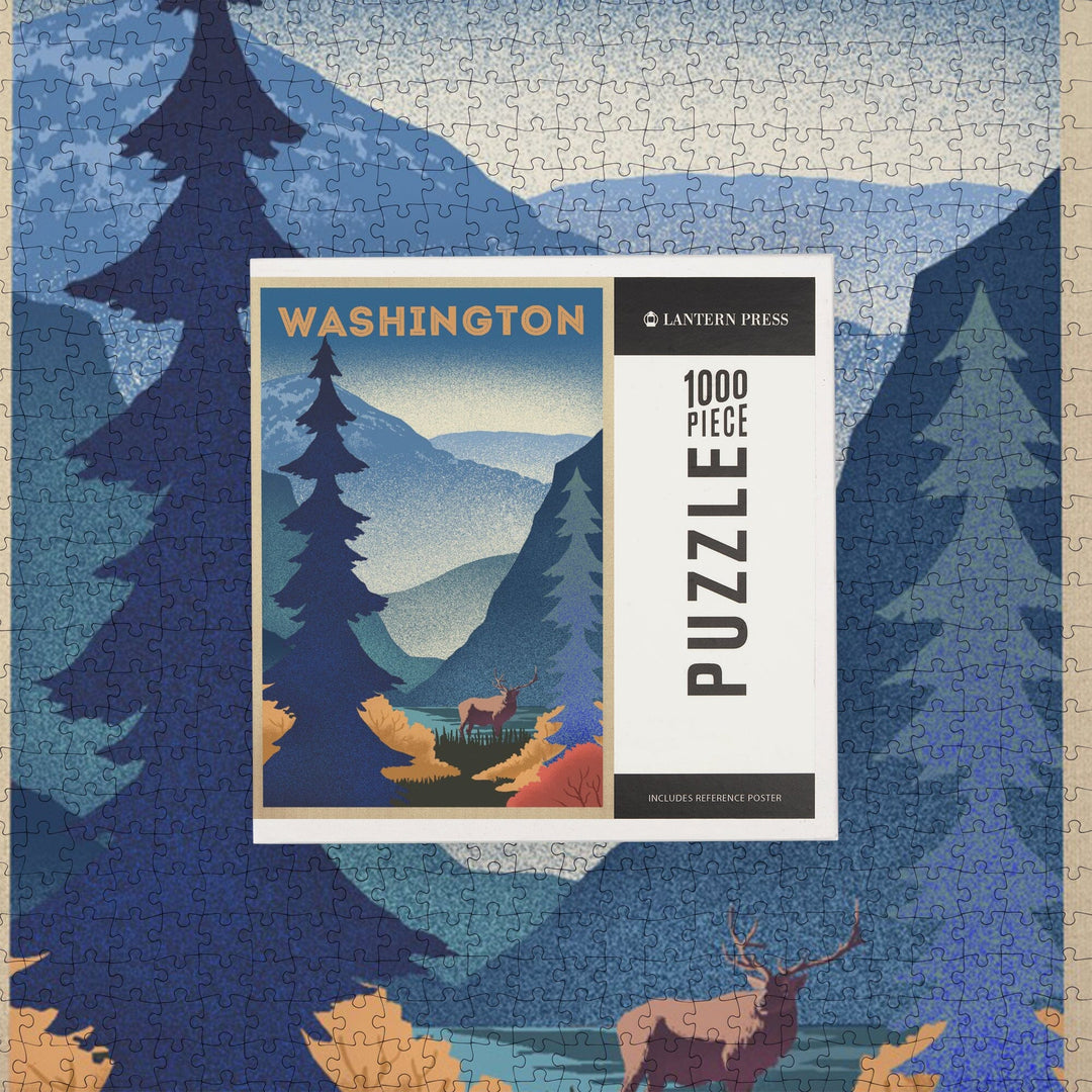 Washington, Elk and Mountain Scene, Lithograph, Jigsaw Puzzle Puzzle Lantern Press 