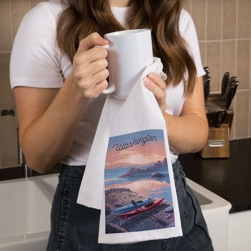 Washington, Glassy Sunrise, Kayak, Organic Cotton Kitchen Tea Towels Kitchen Lantern Press 