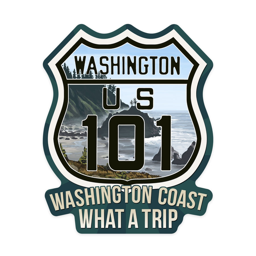 Washington, Highway 101, What a Trip, Contour, Vinyl Sticker Sticker Lantern Press 