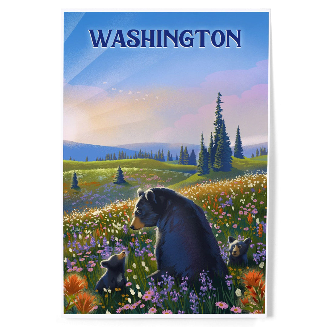 Washington, Lithograph, Bear Family in Field, Art & Giclee Prints Art Lantern Press 12 x 18 Art Print 